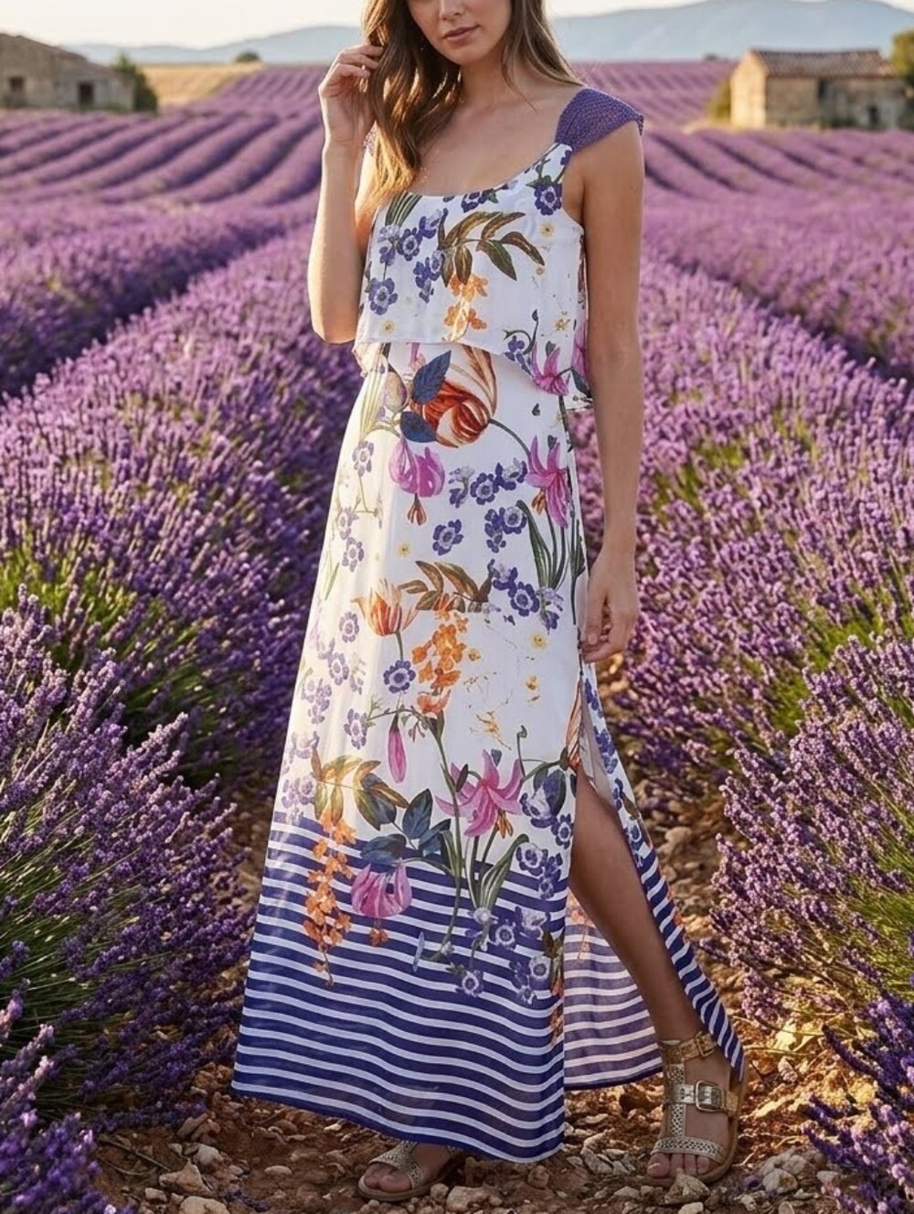 Jessica Simpson Striped Floral Maxi Dress White Blue Slip Slit